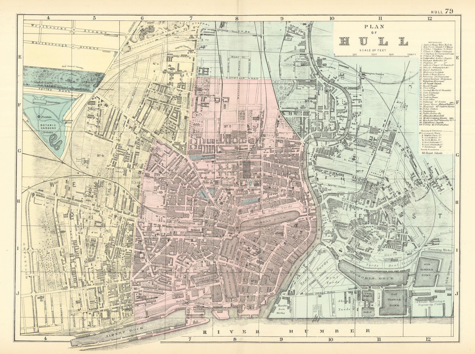 HULL Kingston Upon Hull antique town city plan by GW BACON Yorkshire 1891 map